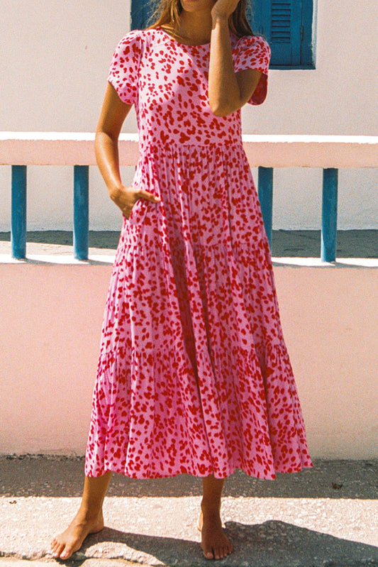 Pink Boho Printed Short Sleeve Flare Tiered Dress
