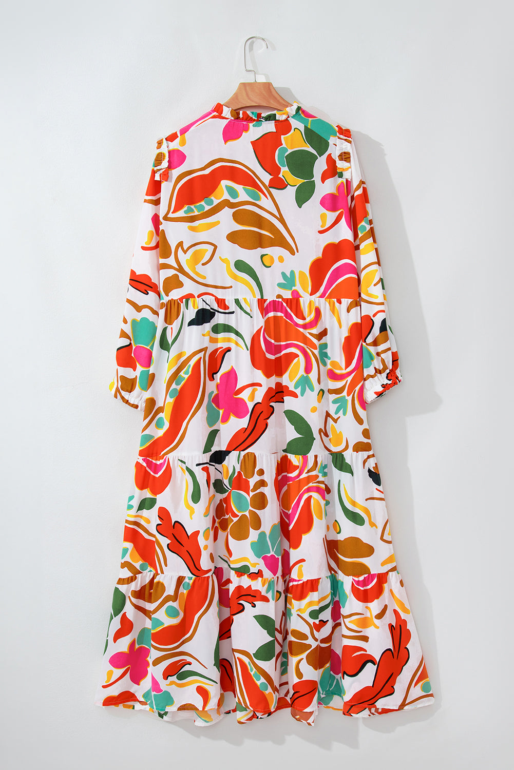 Orange Floral Print Drawstring V Neck Tiered Plus Size Dress