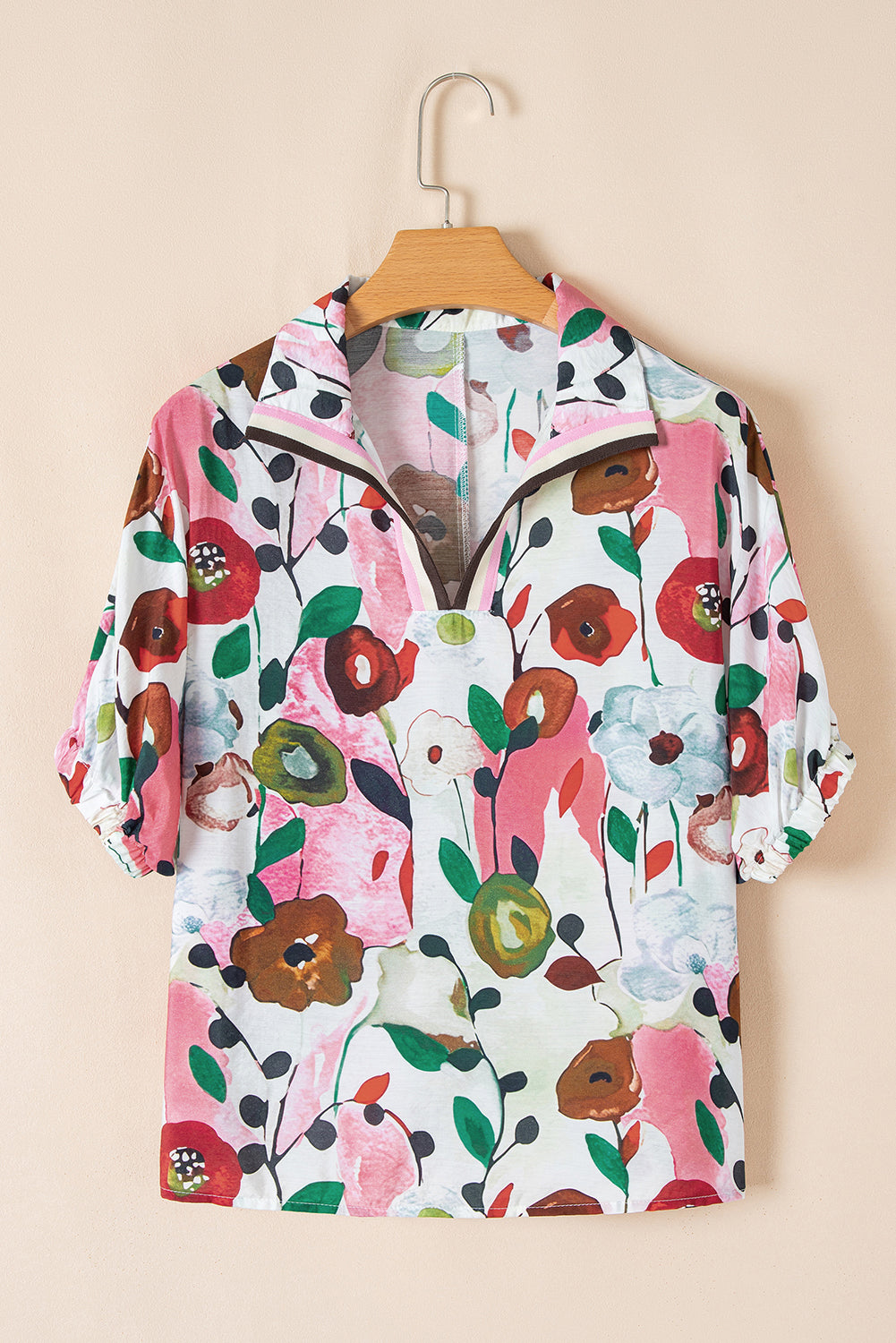 Pink Floral Print Slit V Neck Short Sleeve Blouse