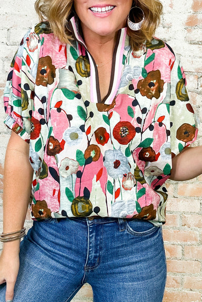 Pink Floral Print Slit V Neck Short Sleeve Blouse