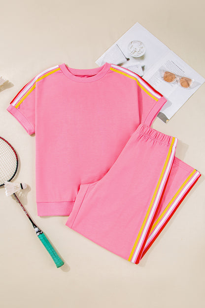 Bonbon Color Contrast Crewneck T Shirt and Wide Leg High Waist Pants Set