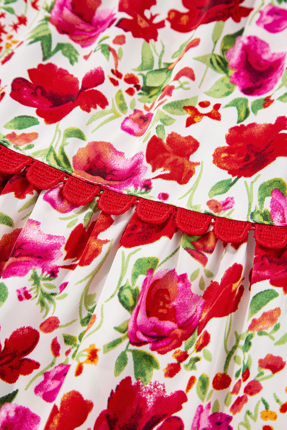 Red Floral Puff Sleeve Tiered Ric Rac Pocketed Mini Dress