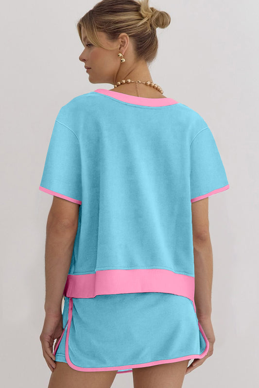 Turquoise Colorblock Edge Drop Shoulder T Shirt and Skort 2Pcs Set