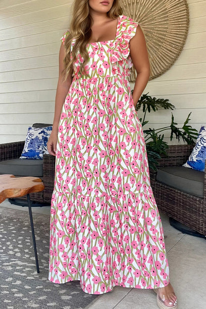 Pink Plus Size Ruffle Trim Square Neck High Waist Floral Maxi Dress