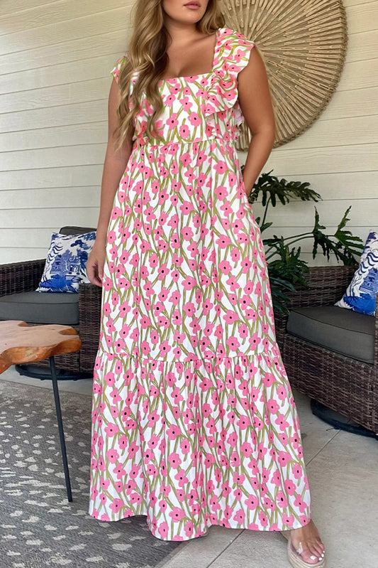 Pink Plus Size Ruffle Trim Square Neck High Waist Floral Maxi Dress
