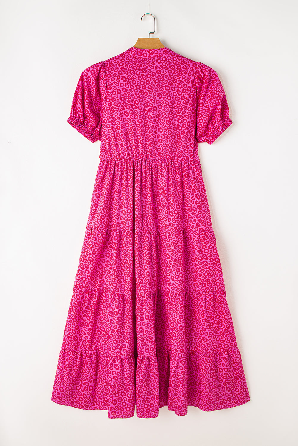 Rose Red Flower Mock Neck Puff Sleeve Tiered Maxi Dress