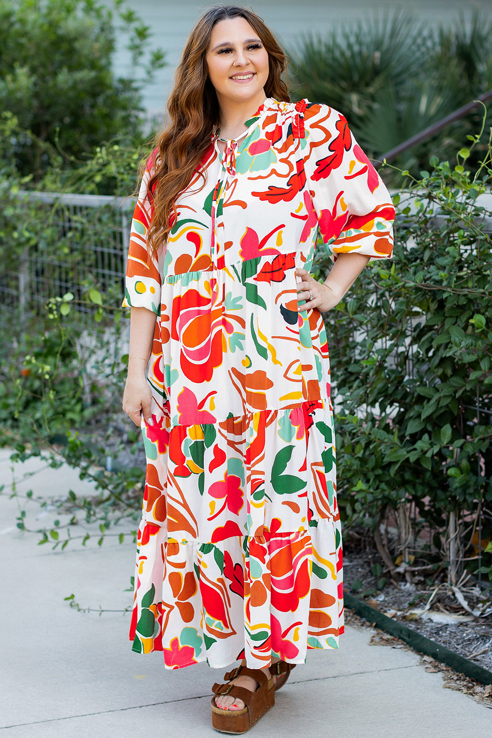 Orange Floral Print Drawstring V Neck Tiered Plus Size Dress