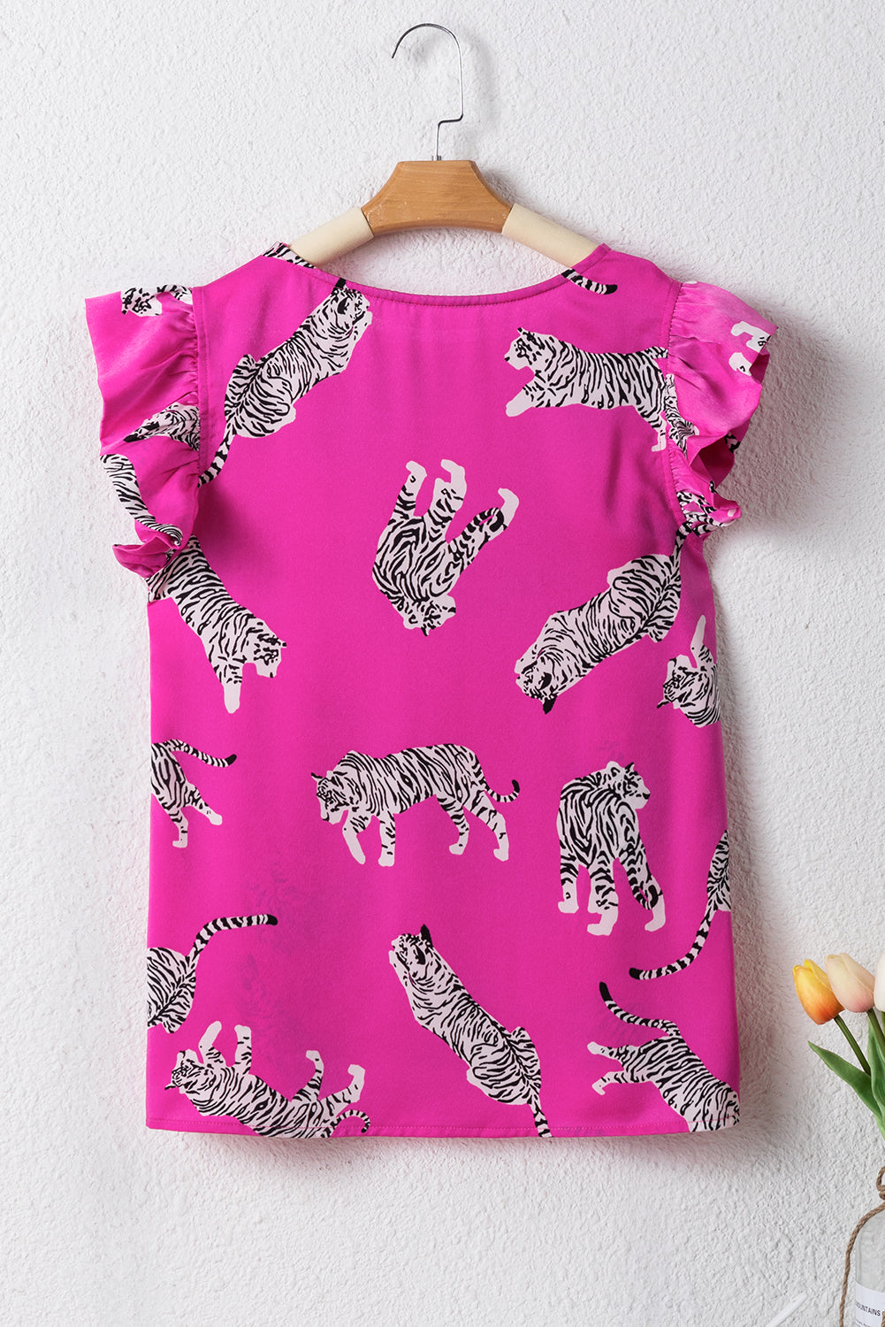 Rose Tiger Pattern Flutter Sleeve Crew Neck Blouse