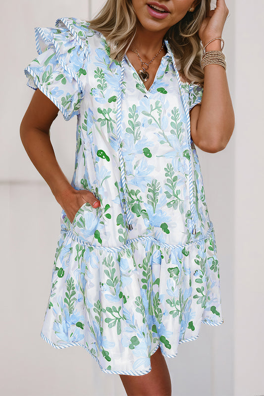 Sky Blue Floral Contrast Edge Layered Short Sleeve Mini Dress