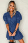 Blue Drawstring High Waist Puff Sleeve Denim Mini Dress
