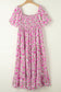 Pink Dainty Floral Smocked Puff Sleeve Flowy Long Dress