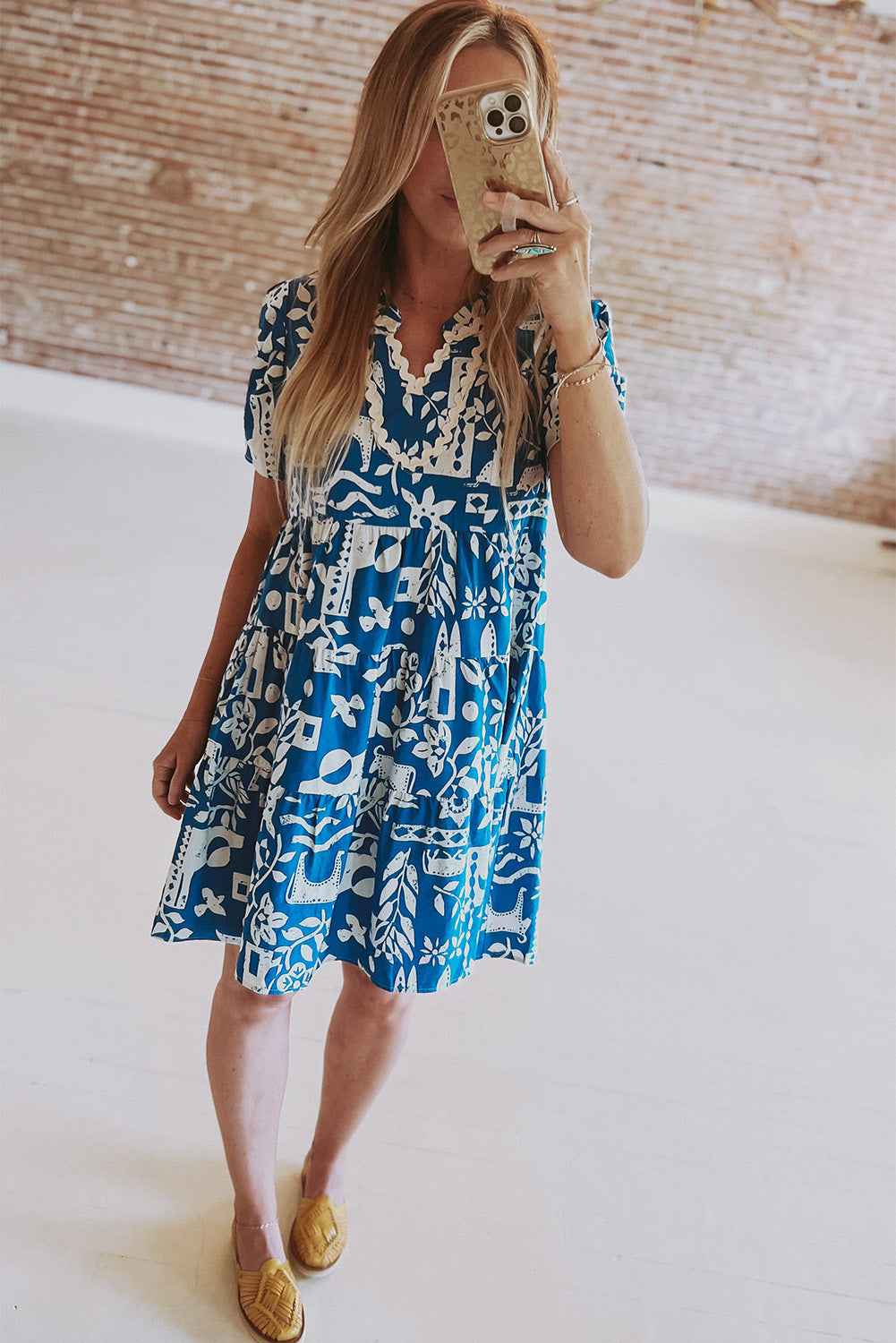 Blue Ricrac Trim Split Neck Floral Loose Dress