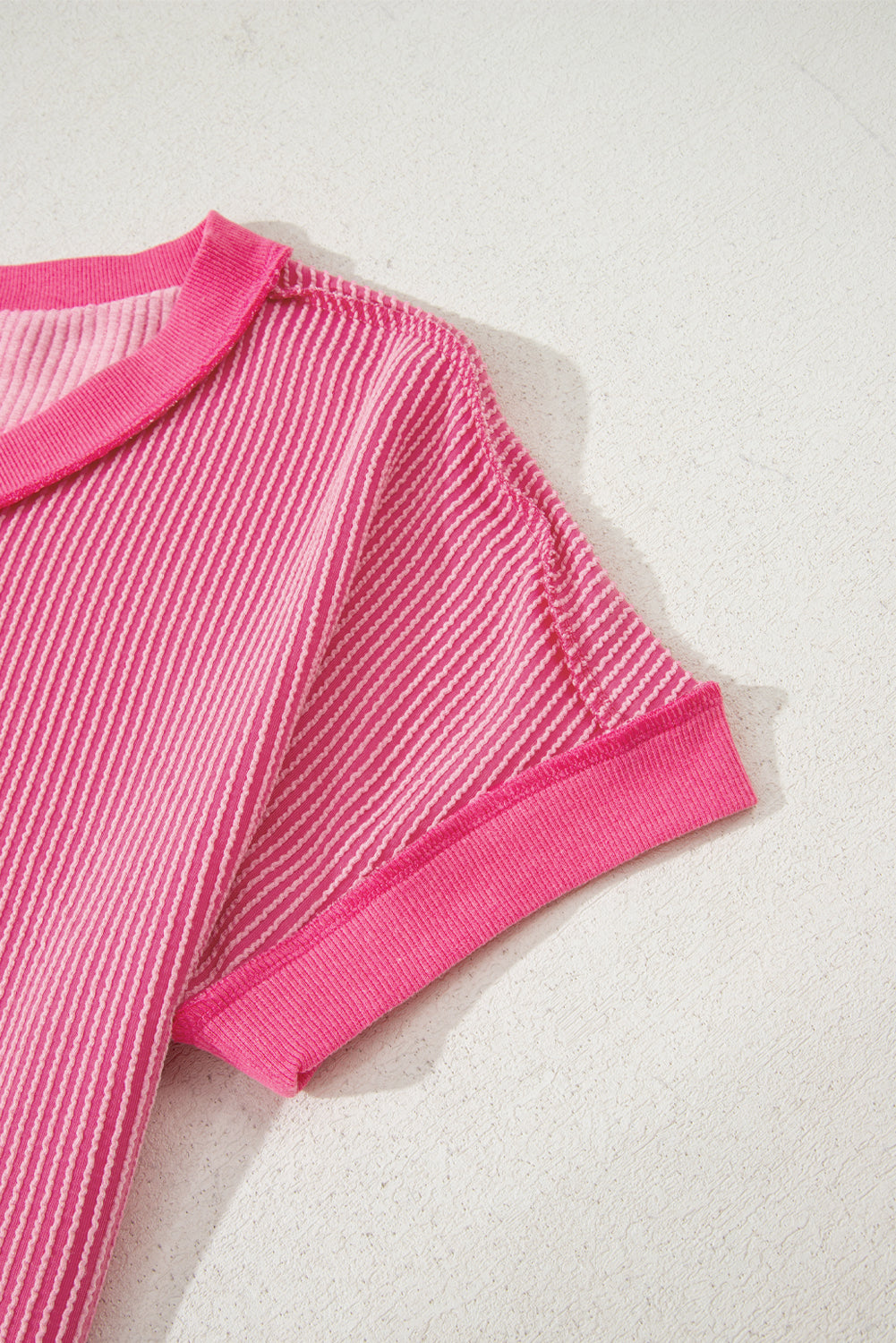 Rose Red Twisted Ribbed Knit V Neck Casual Tee