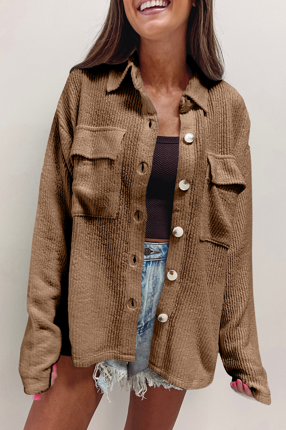 Dark Khaki Solid Color Corduroy Buttoned Long Sleeve Shacket