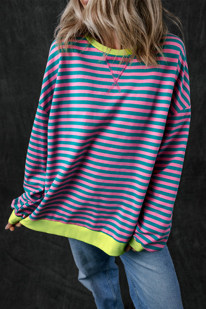 Green Stripe Oversized Contrast Trim Pullover Sweatshirt