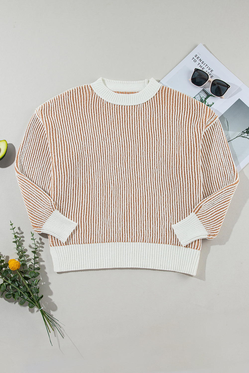 Chestnut Striped Textured Knit Contrast Edge Loose Sweater