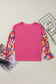 Sachet Pink Flower Patchwork Ruffled Sleeve Ribbed Knit Drop Shoulder Top