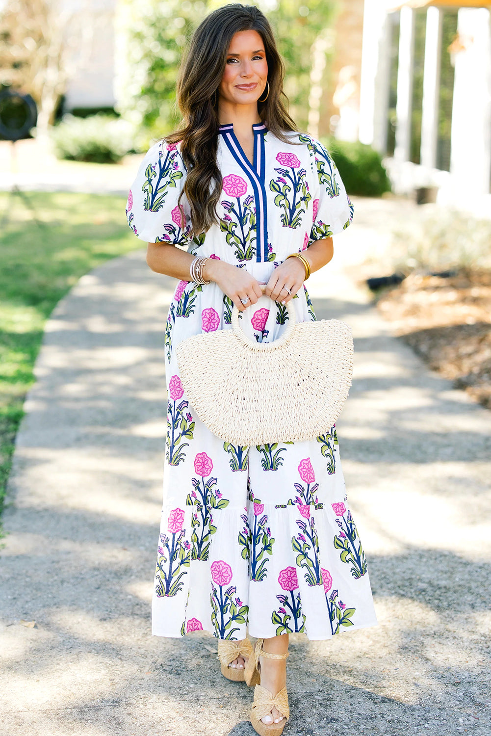 White Floral Puff Short Sleeve V Neck High Waist Maxi Dress