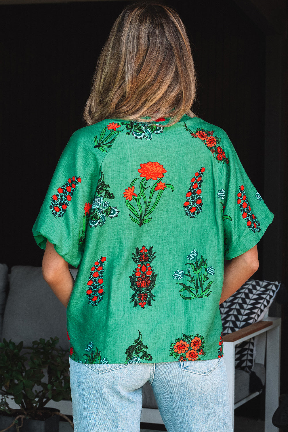 Bright Green Floral Print Buttoned V Neck Short Sleeve Blouse