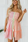 Pink Stripe Color Block Smocked Button Front Frilled Strapless Mini Dress