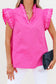 Bright Pink Contrast Scallop Trim Layered Short Sleeve V Neck Blouse