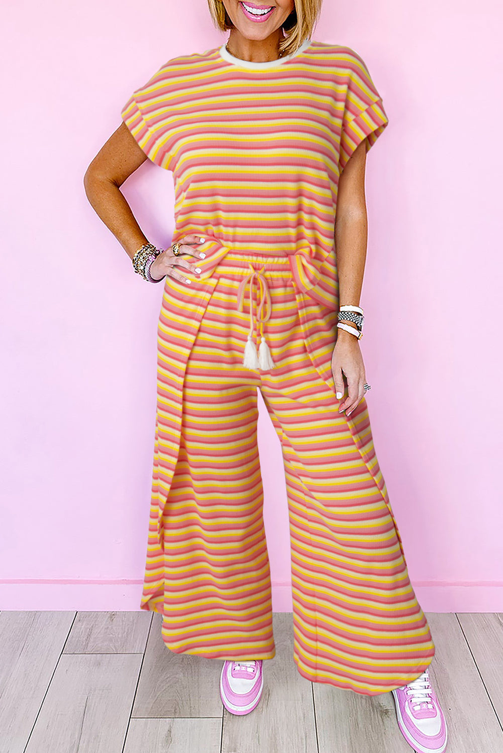 Yellow Stripe Rainbow Tee Tasseled String Wide Leg Pants Set