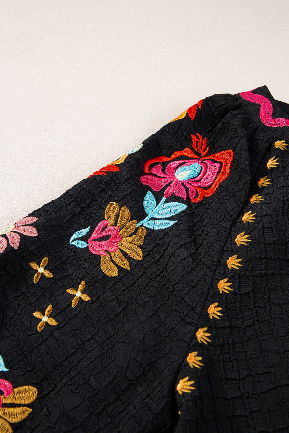 Black Floral Embroidered Ricrac Puff Sleeve Textured Blouse