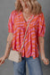 Orange Zebra Stripe Print Ruched Cuff Half Sleeve V Neck Blouse