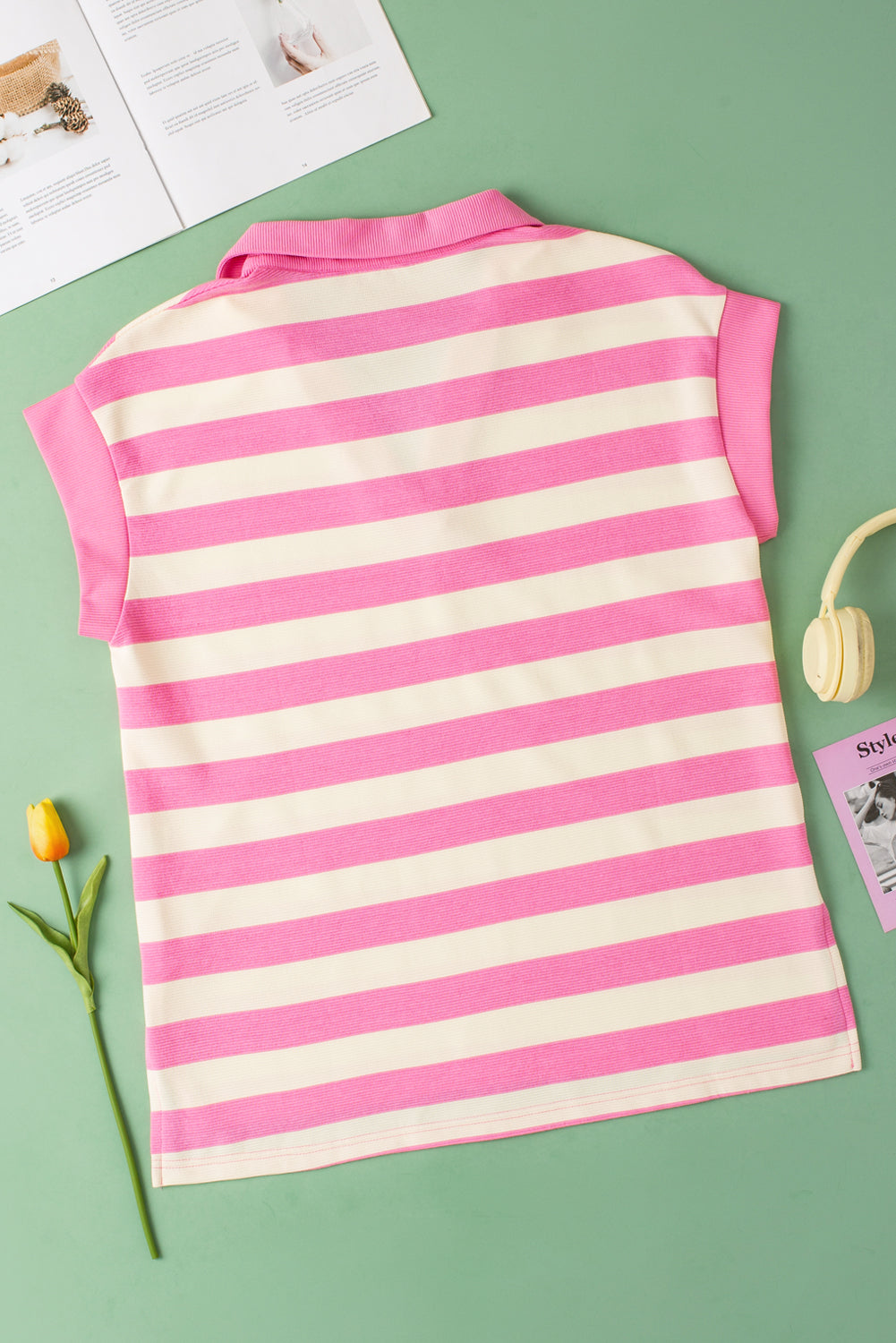 Pink Stripe V Neck Collared Cap Sleeve Top