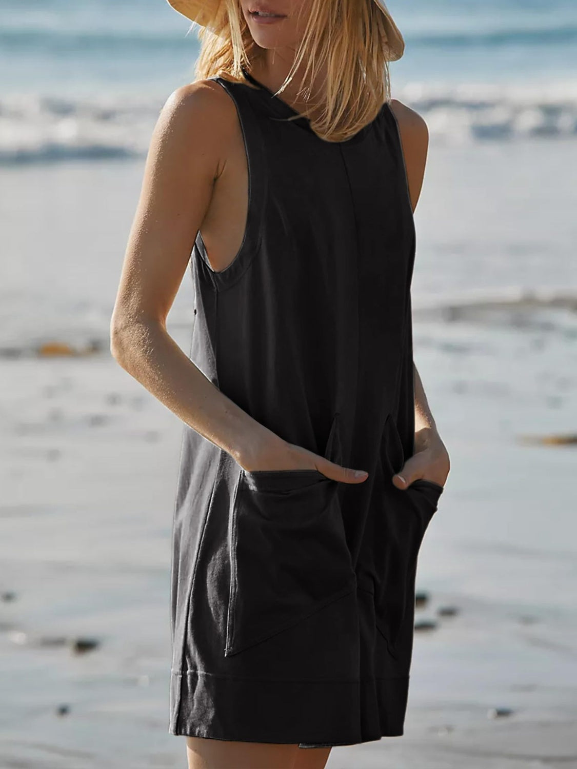 Round Neck Sleeveless Romper with Pockets