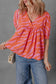 Orange Zebra Stripe Print Ruched Cuff Half Sleeve V Neck Blouse