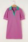 Pink Stripe Collared V Neck Puff Sleeve T Shirt Dress