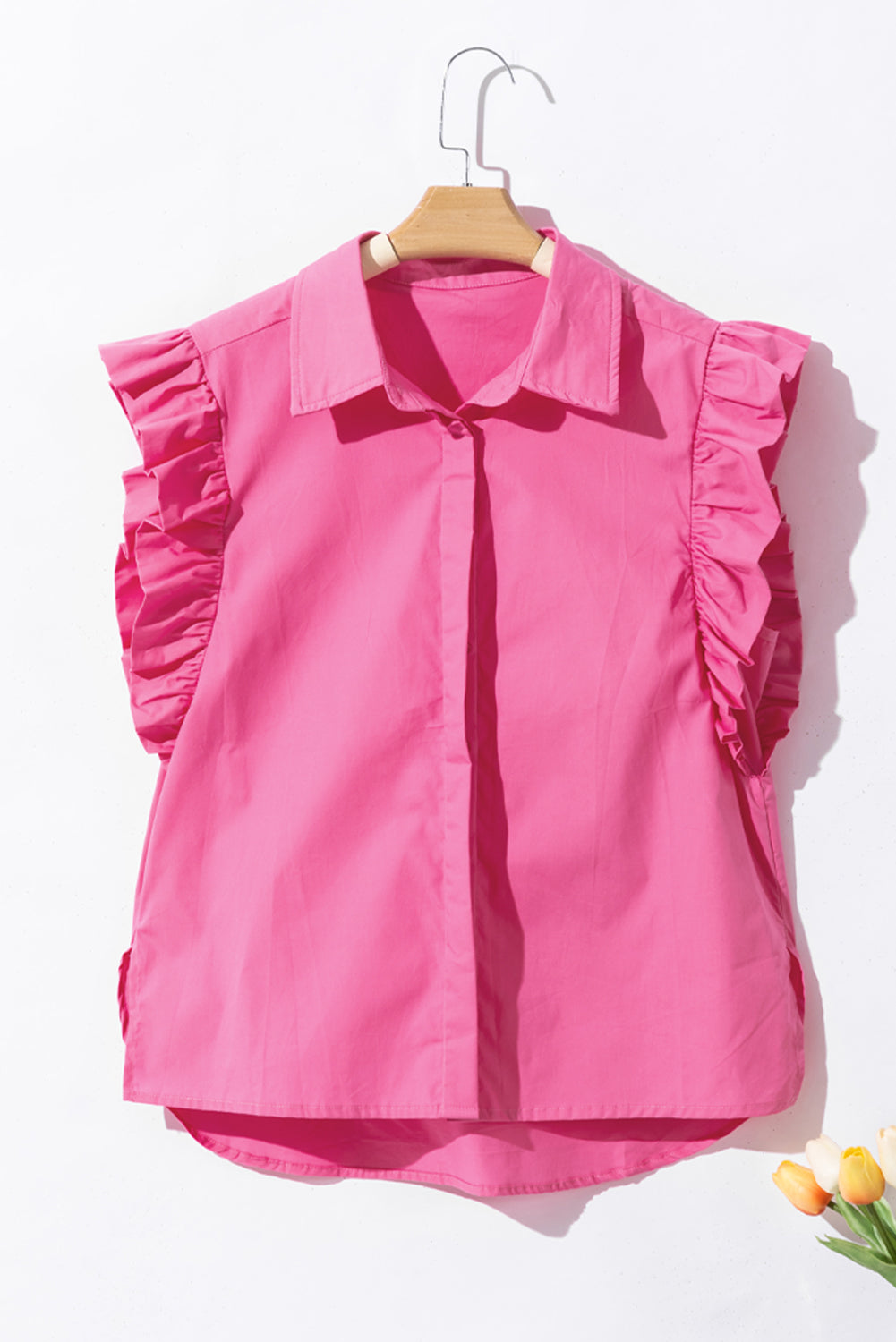 Bonbon Poplin Ruffle Trim Collared Shirt