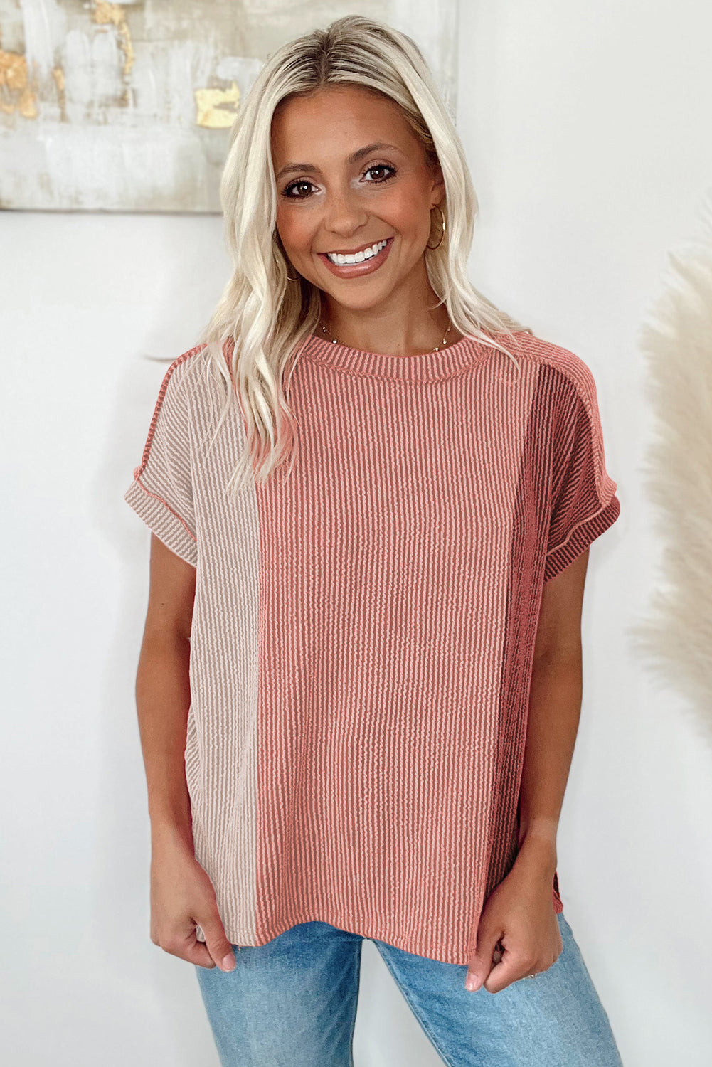 Apricot Pink Textured Colorblock Crew Neck T Shirt