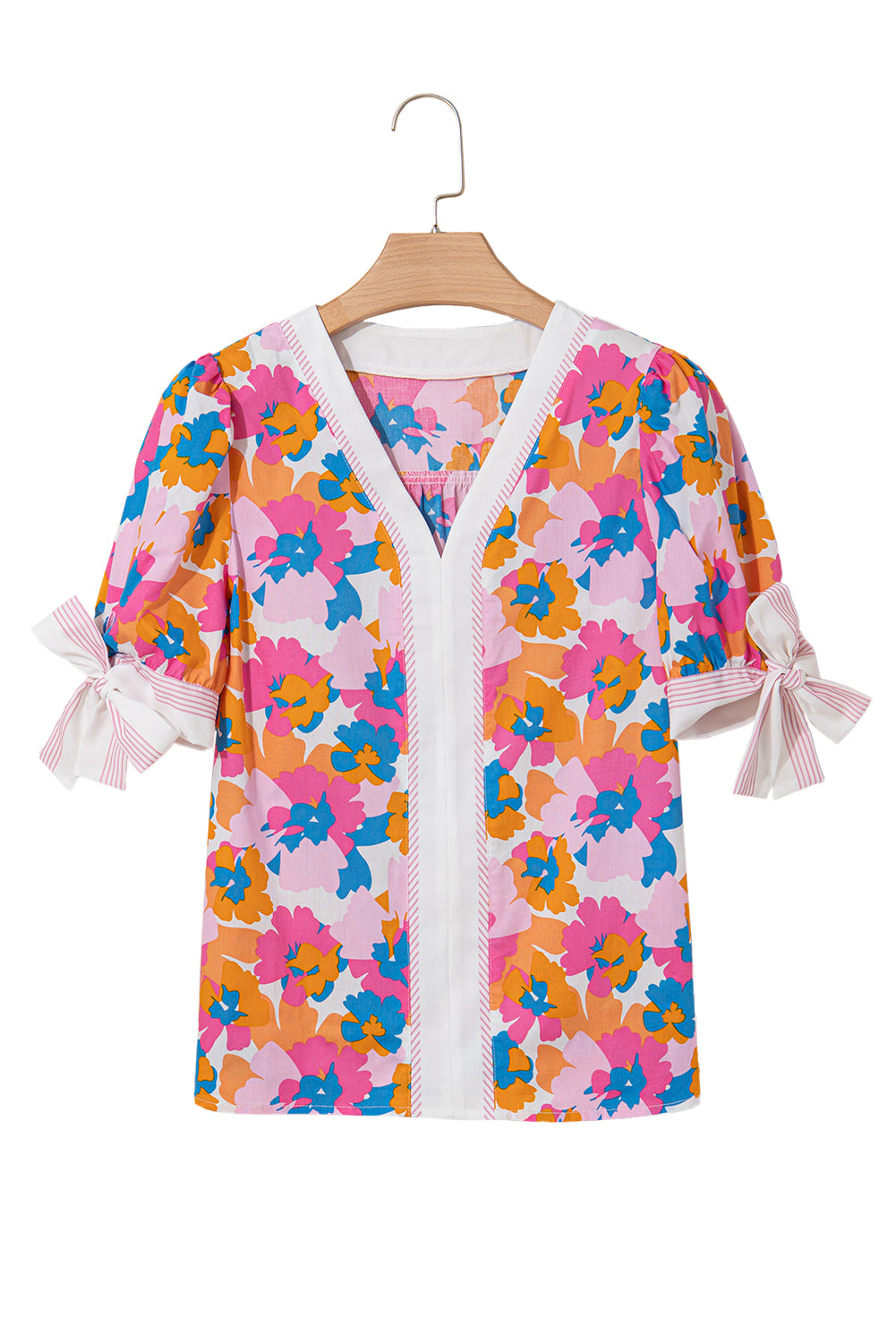 White Floral Colorblock Striped Edge V Neck Knotted Short Sleeve Blouse