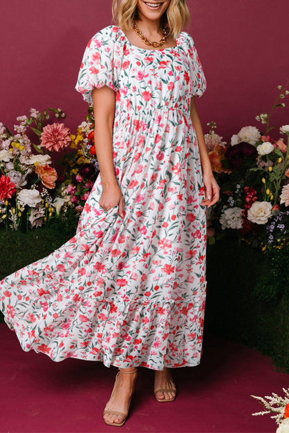 Pink Floral Puff Sleeve Square Neck Empire Waist Tiered Maxi Dress
