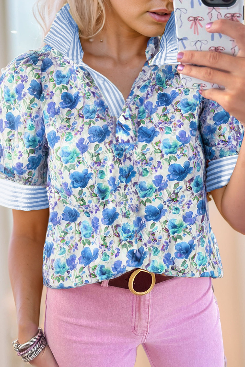 Sky Blue Floral Print Striped Patchwork Collared Short Sleeve Blouse
