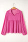 Bright Pink Corded Turn-down V Neck Bubble Sleeve Babydoll Blouse