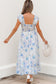 Sky Blue Floral Smocked High Waist Double Ruffle Sleeveless Long Dress