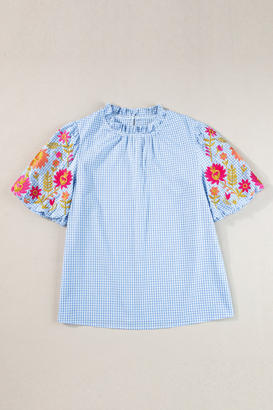 Light Blue Gingham Floral Embroidered Puff Sleeve Blouse