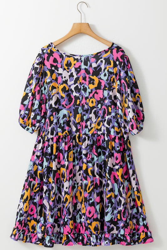 Purple Leopard Print Ruffled V Neck Plus Size Mini Dress