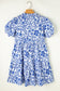 Blue Flower Print Puff Sleeve Tiered Dress