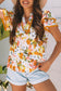 Russet Orange Ruffled V Neck Scalloped Short Sleeve Floral Blouse