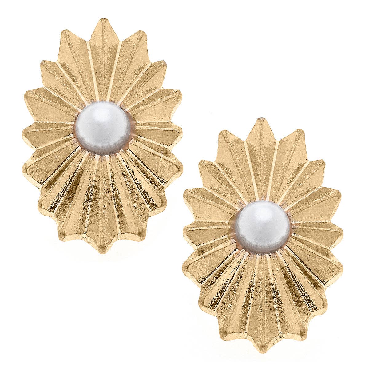 Bijou Sunburst Rosette & Pearl Stud Earrings in Worn Gold