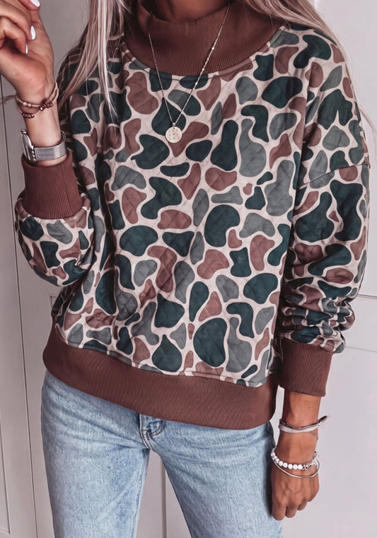 Quilted Camo Mock Neck Sweatshirt