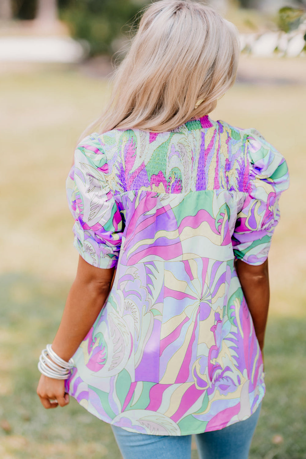 Green Abstract Print Bubble Sleeve Smock Detail Blouse