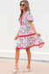 Pink Floral Print Contrast Trim V Neck Bubble Short Sleeve Babydoll Dress