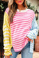 Multicolour Color Block Striped Patchwork Dolman Sleeve Slit Sweater
