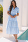 Sky Blue Stripe Bubble Short Sleeve Tiered Scallop Long Dress