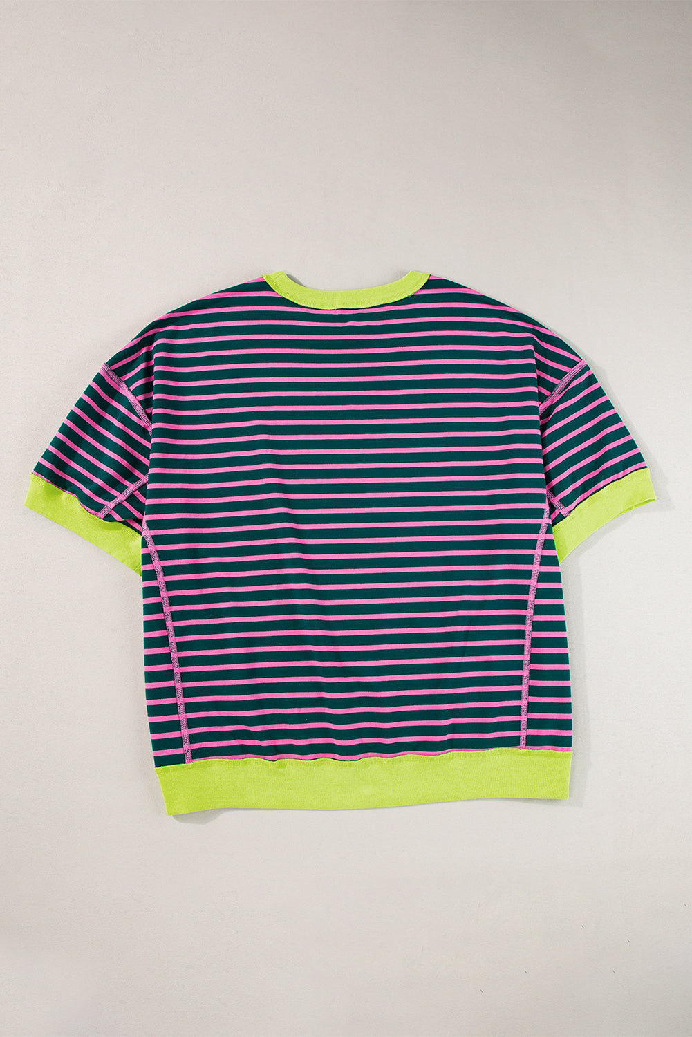 Green Contrast Trim Exposed Seam High Low Stripe T Shirt